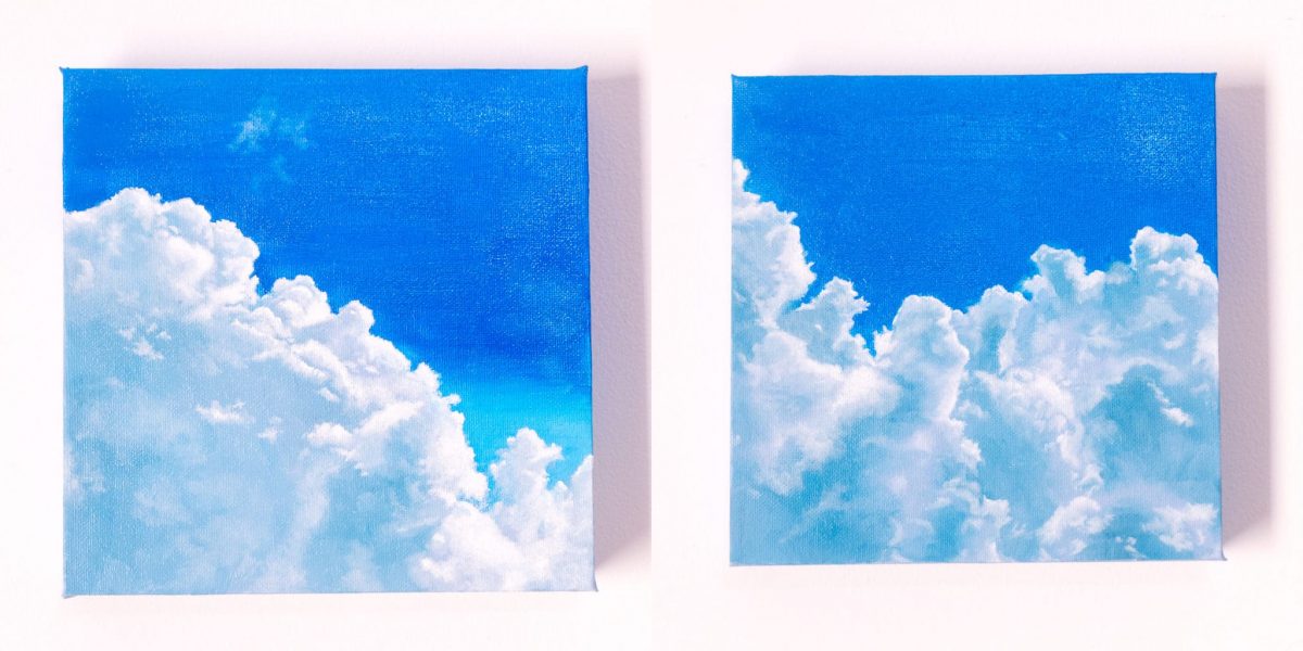 two square cloudscape oil paintings