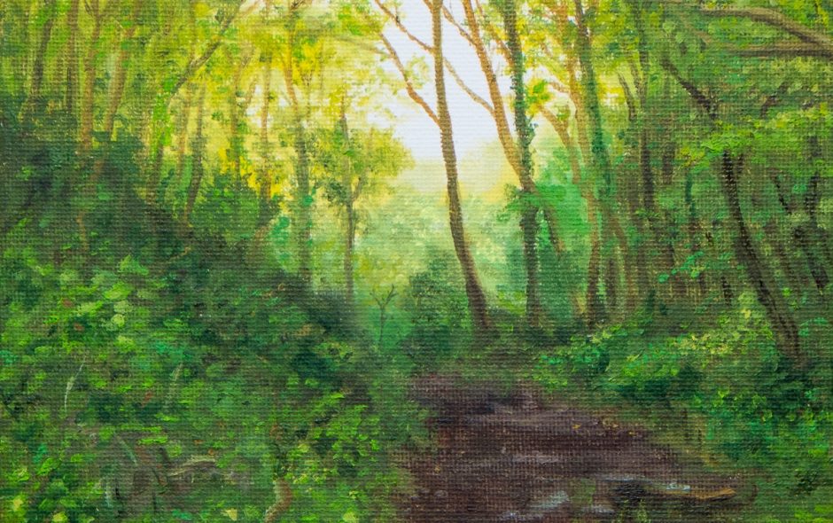 oil painting of light through trees in a Welsh woodland