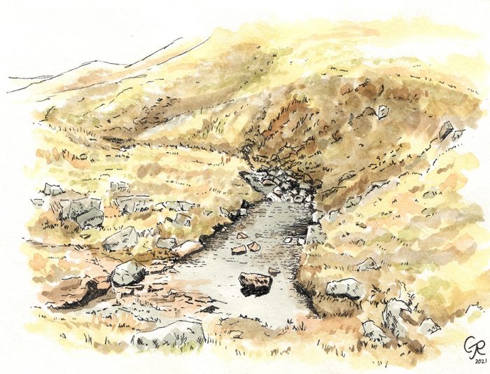 Pen and watercolour drawing of a stream in the Brecon Beacons