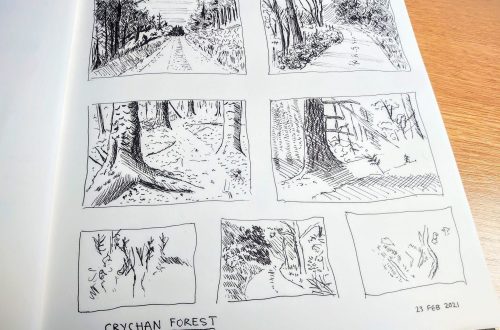 pen sketches of crychan forest in a sketchbook